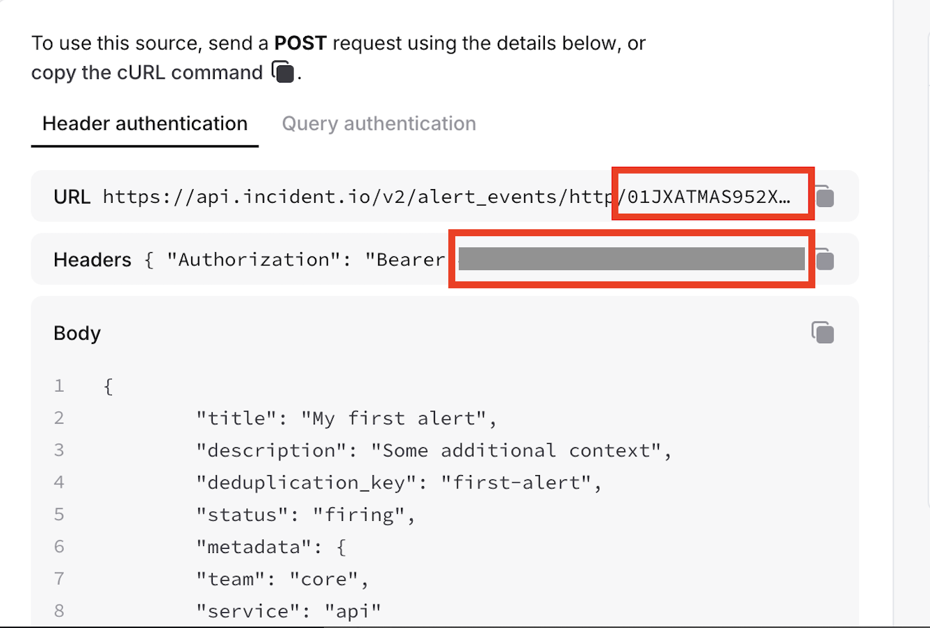 Incident.io API token and alert source configuration ID